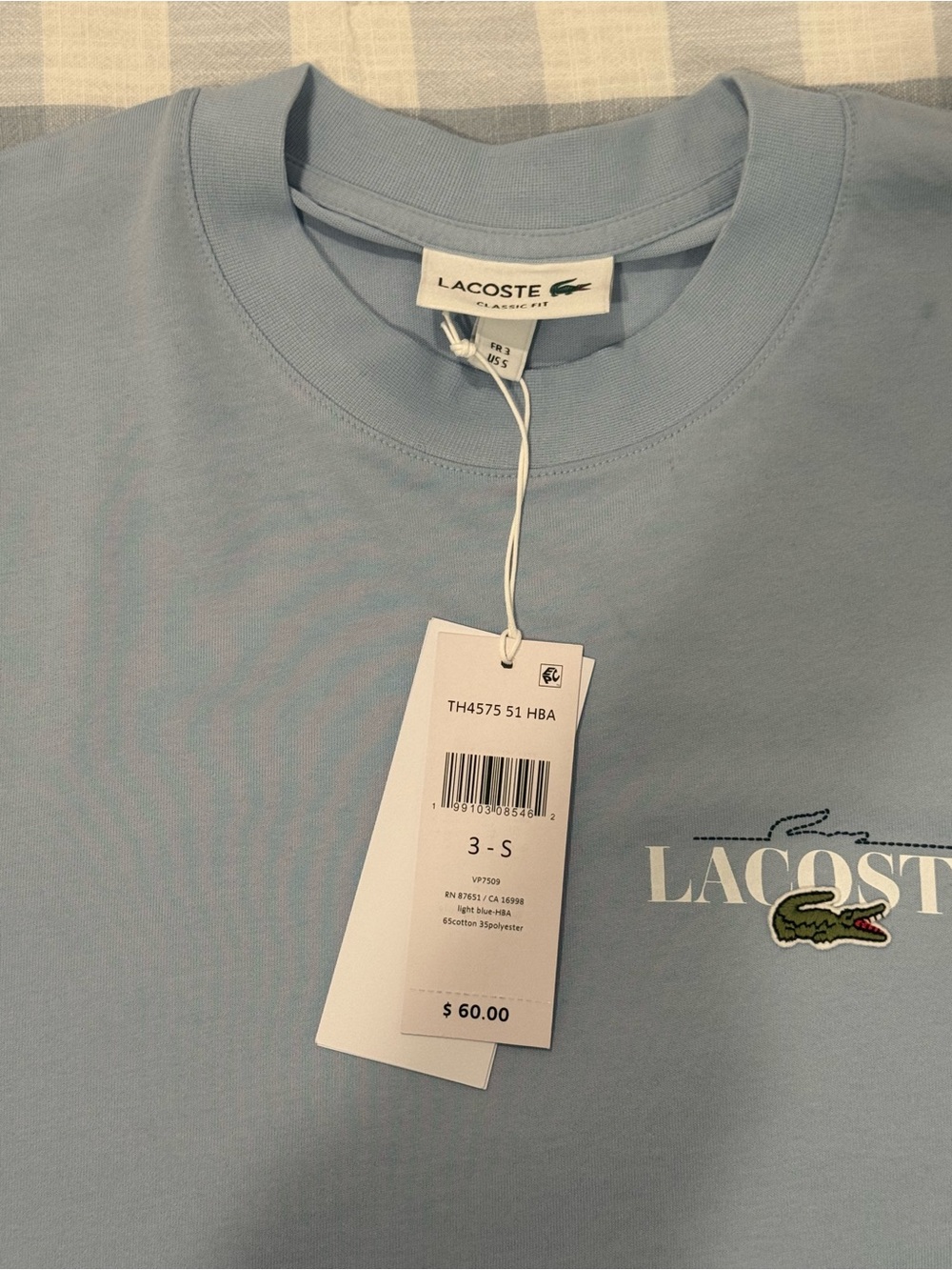 Men’s Lacoste Light Blue Short Sleeve Tee (NEW, WITH TAGS), Size Small